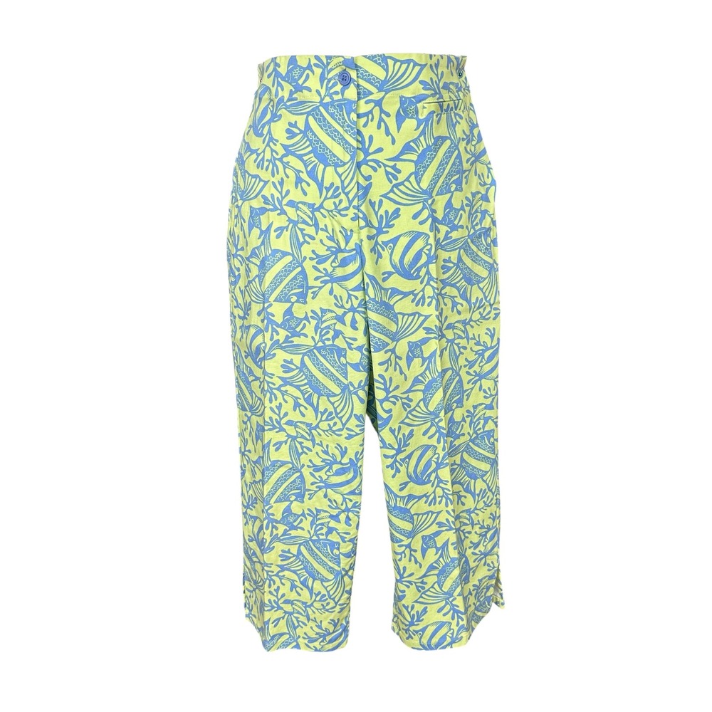 VTG Talbots Womens Fish Coral Print Cropped Pants Lime Green Blue High Rise SZ 8